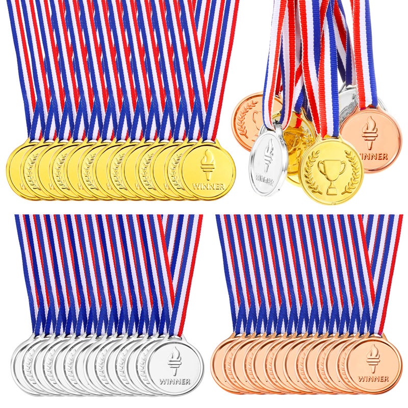 Pllieay 24 Pieces Plastic Winner Medals, Winner Award Medals, Gold Silver and Bronze Medals for Sports, Competition, Talent Show, Spelling Bee, Gymnastic Birthday Party Favors and Awards - Image 1
